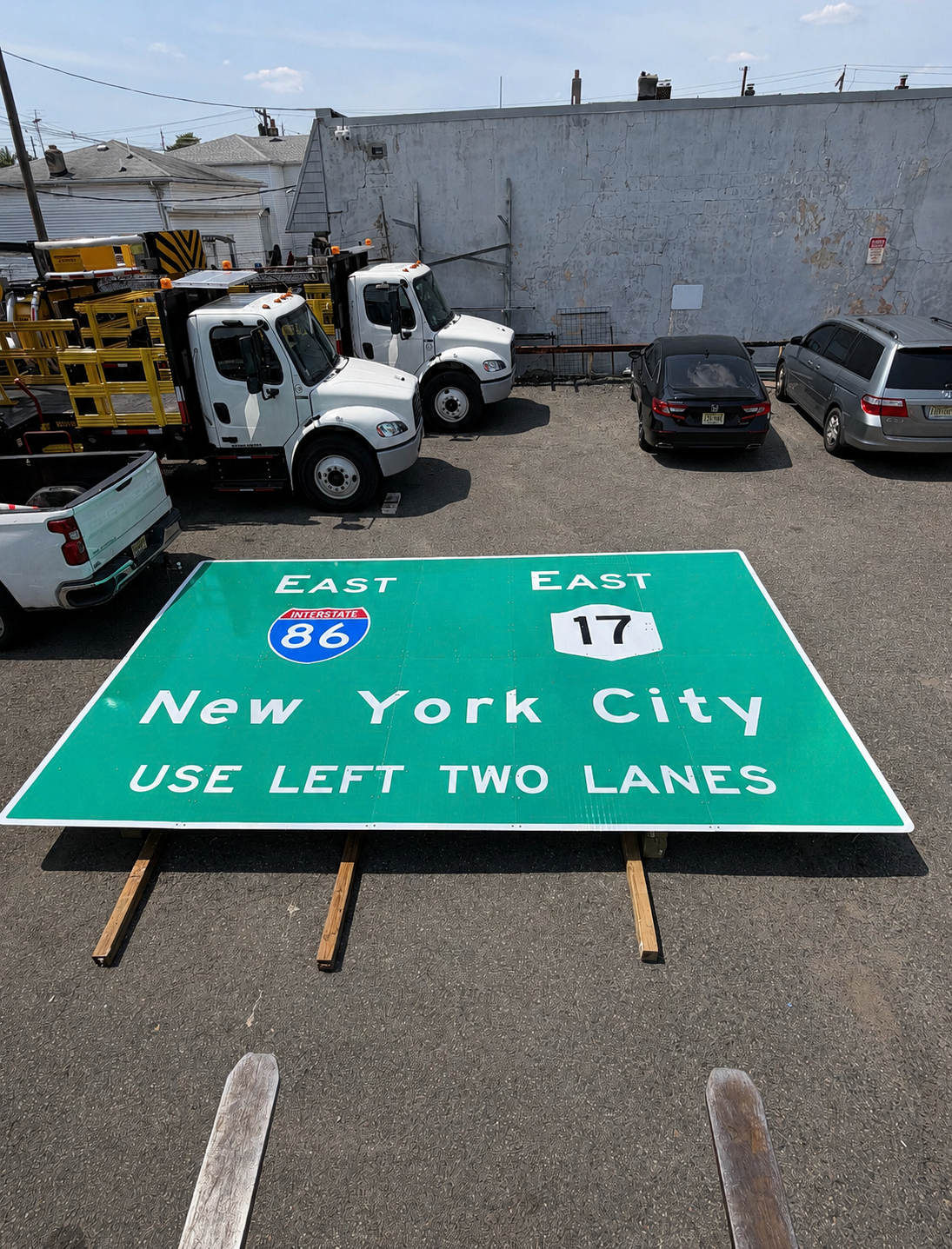 Large green highway guide sign for I-86 and Route 17 East to New York City staged beside sign trucks at the yard